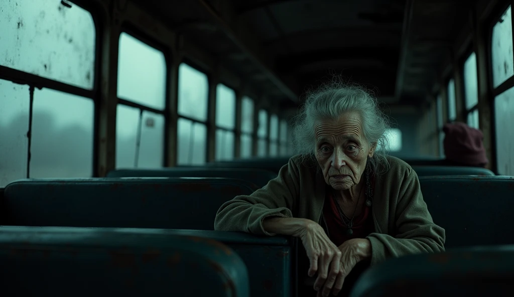 An old woman lady in horror bus in dark night