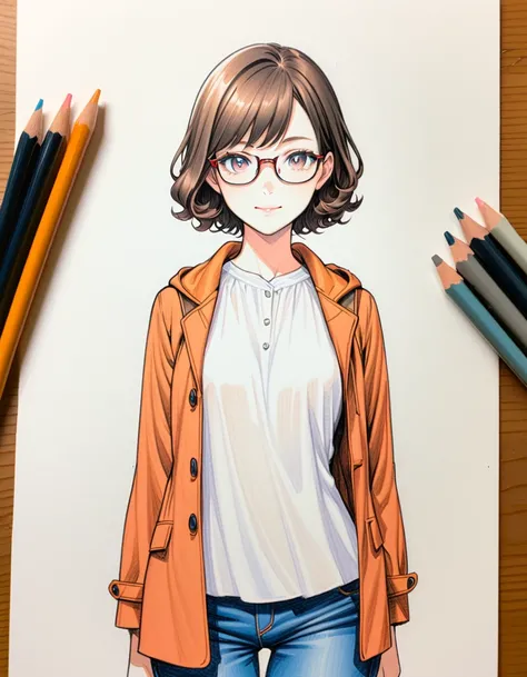 1 female, 30-year-old, alone, thin, slender, small breasts!!!, short hair, curly hair, thin, slender, (((glasses))), duffle coat and long-sleeved blouse, Open jacket, jeans, Half Smile, Are standing, art, Colored pencil drawing, draft, White background, po...