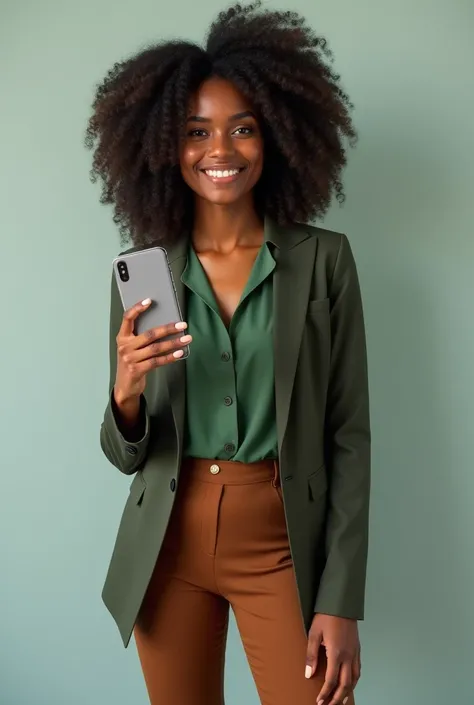 A 30-year-old woman with afro hair, wearing a green blouse with a blazer and brown dress pants. She has dark skin, black eyes, perfectly manicured nails and a slim physique weighing 70 kg. She is holding a smartphone towards the viewer. The image is a full...