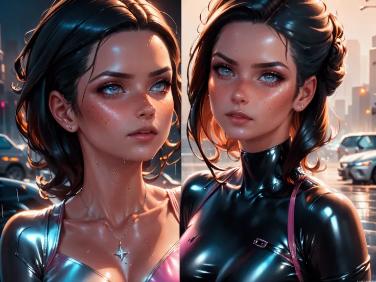 A woman with wet look slicked back hairstyle, dark hair wet with gel, freckles, wearing pink leather catsuit dress with white heeled shoes, diamond necklace, posing under the rain, Pixar style, photorealistic, 8k, ultra-detailed, 1girl, beautiful detailed ...