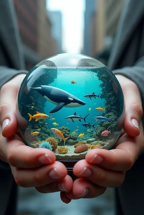 Ultra realistic close up hd 4k image of a snow globe filled with water and colorful fish mixed with whales and sharks on the streets of new your with building in the background being helps in the palms of someone’s hands