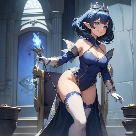 Masterpiece, High Resolution, Anatomically Correct, Best Quality, HD, High Details, High Quality, Anime Style, High Fantasy, solo character alone.
{{(:(A 2 girl half-elf darkblue-haired queen),(she has: very messy dark-blue short hair, very pale skin, beau...