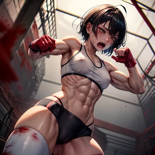 a (bloody) beautiful Japanese is fighting in the octagon fighting ring of underground arena with audience. She is poised in a fighting pose. She is glaring at the other with an upward glance. She has a strong fighting spirit. she is beated. her body and fa...