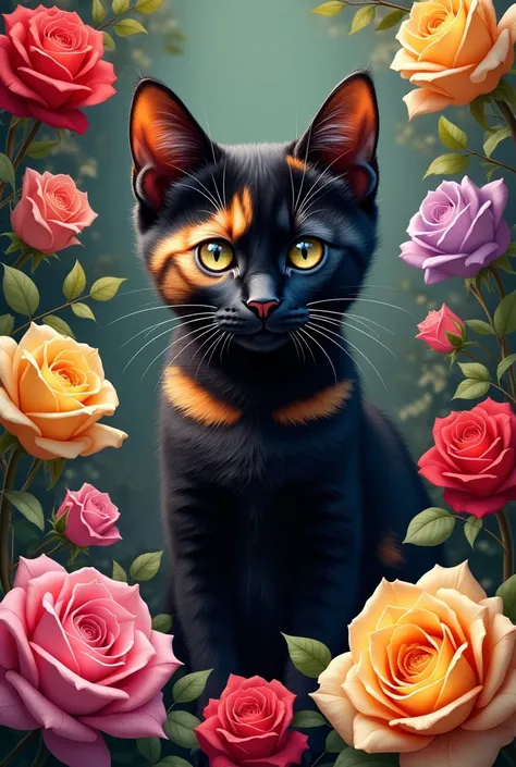 Black and brown spotted cat with lots of roses more colorful