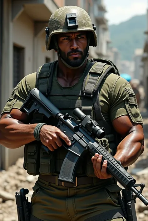 create Brazilian soldier equipped with helmet and war weapons carrying weapons in combat position
