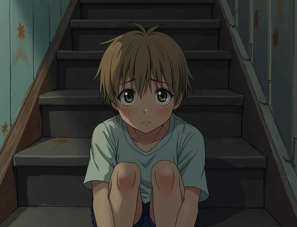 sad expression,sitting behind the stairs,Natsume Takashi,children,afraid,detailed face,high quality,hyperrealistic,intricate details,masterpiece,photorealistic,vibrant colors,natural lighting,cinematic composition, hair color light brown, 1 boy, close  mou...