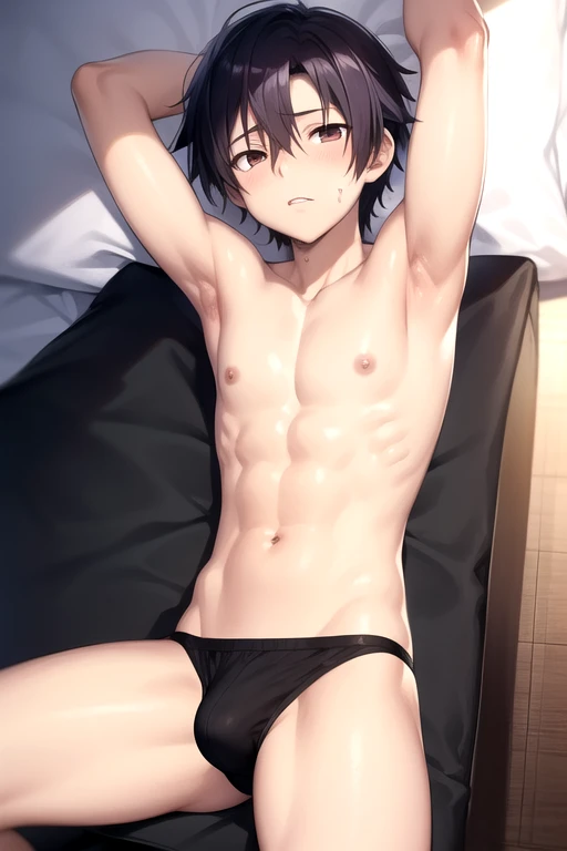 kazuto kirigaya , kirito shirtless in a bed on boxer , hot , hot boy , sexy boy , fit , slim , short hair , only male