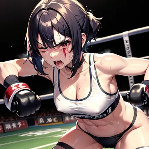 a (bloody) beautiful Japanese high school girl fighter was knocked down in the octagon fighting ring of underground arena with audience. She is on all fours. She is glaring at the other with an upward glance. She has a strong fighting spirit. She try to st...