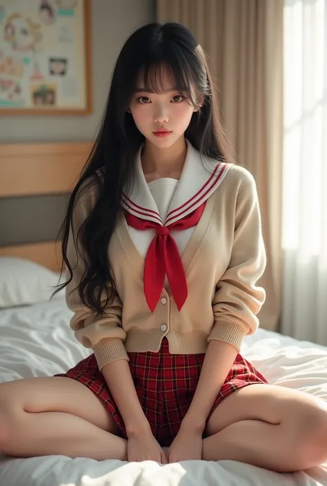 (((8k、High resolution、Highest quality、High resolution)))alone、Natural body shape、White skin、Natural Makeup、Black Hair、bangs、Straight Long Hair、、((High School Uniform)) 、((Beige cardigan、white collared long sleeve blouse))、((Red checked pleated skirt))、(red...