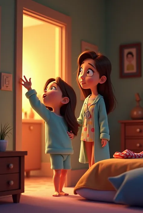 Please create me an animated image where; Carla turning off the light in her room, and his mother talking to him in the same scene