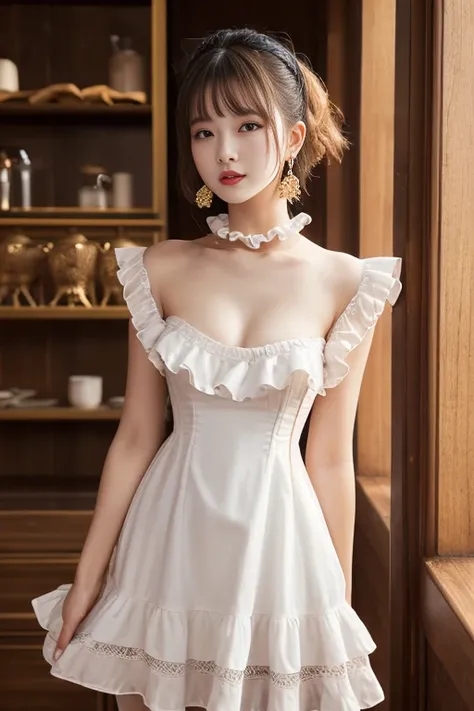 masterpiece、Highest quality、8k、Absurd、 (Upper Body:0.8)、corset top with a large open chest area,((ruffle dress:1.5))、(Small breasts:1.3) White-haired beautiful girl、choker、Earrings、Bangles、Cute face、Viewer&#39;s Eyes、smile、Ultra-realistic、High resolution、p...