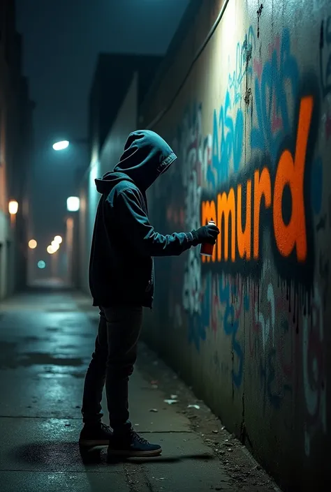 Hooded 1 teenager spray painting graffiti "mmurd" ultra realistic night wall photo