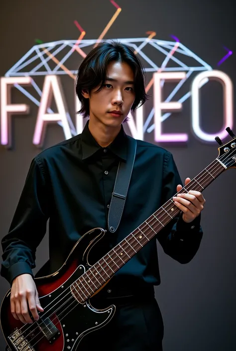 30 year old Asian guy who looks like DPR ian and has blue eyes and a thick neck and has hair down to his ears and in the background is written the word facneo and has colored lines crossed between them and is playing an electric bass and has an incredible ...