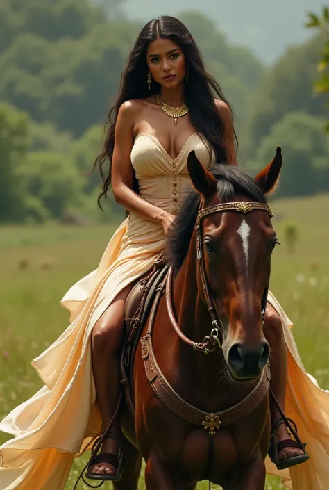  30 year old Indian woman, wearing transparent silk dress, riding horse , long hair, Large breasts, 