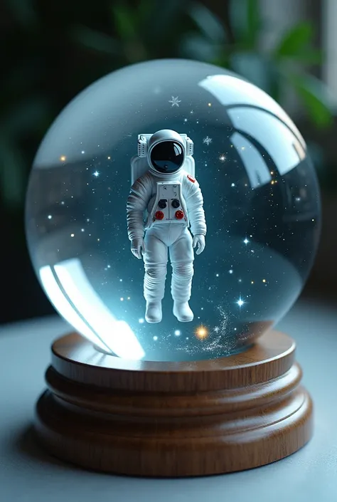 Crystal sphere with an astronaut inside and a wooden base 