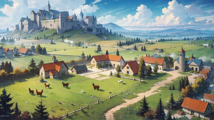 A world of medieval fantasy. A farm with sheep, horses, and chickens.