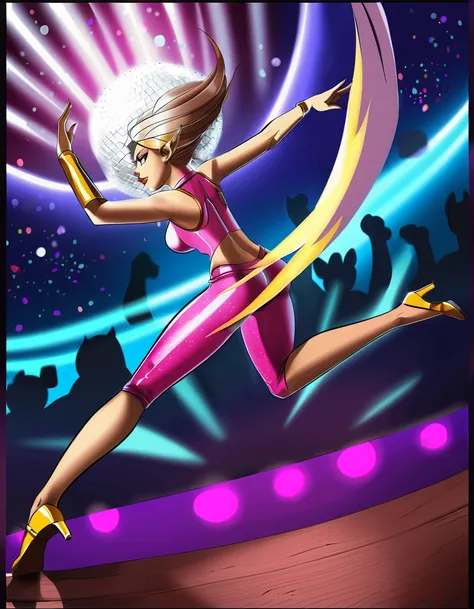 dynamic angle, cinematic still {close up face, action pose, dancing, fighting, The justice disco heroine, Mirror Ball Girl, appears in the night city. On her head is a sparkling mirror ball, scattering reflections of light around her. She uses her passiona...