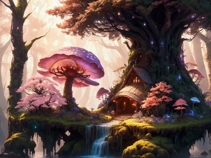 masterpiece, Best Quality, high quality,extremely detailed CG unity 8k wallpaper, A charming, dreamlike scene of a fantasy forest., with very tall trees, glowing mushrooms, and hidden fairy glens, creating a sense of mystique and charm, art station, digita...