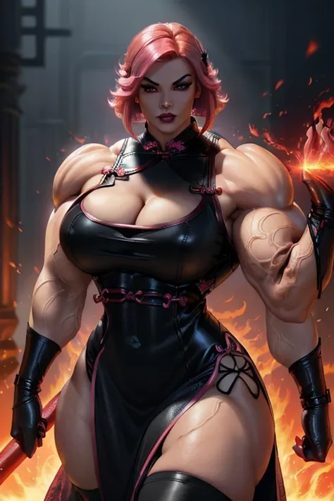 ((Close-up)), tall, ((shocking pink hair)) beautiful muscular woman, angled bob cut, (light brown skinned), closed smile, huge breast, (black lipstick), (massive muscles), (hyper muscle), (((ginormous bulky muscles))), ((glowing red eyes)), ((((black leath...