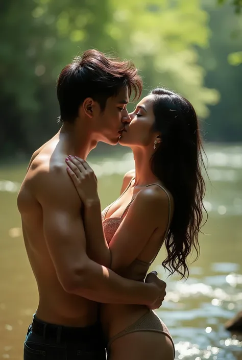 A sexy Indonesian girl is kissing passionately on the lips with her lover on the river bank, taken with a Nikon D850 DSLR camera, lensa 85mm f/1.8, bright lighting, 8k resolution.