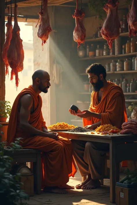 In an Indian butchers shop, an Indian monk is sitting at the table in front of an Indian butcher. And the Indian butcher has a black stone in his hand.