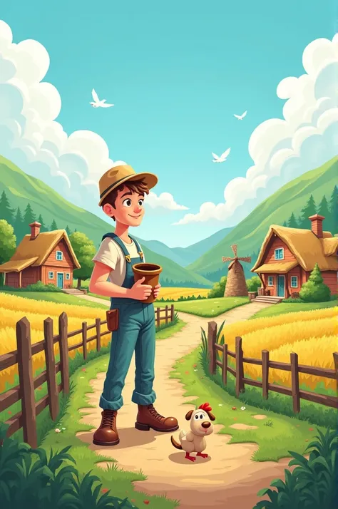 Create a village image in cartoon with farmer teenage son doing farm work