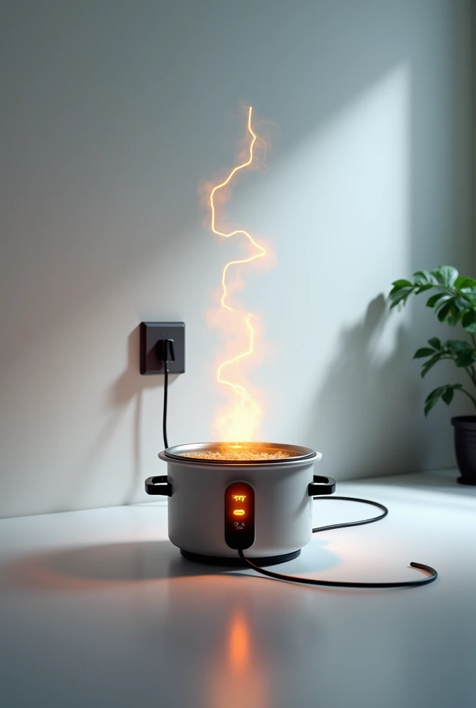 create an image of a rice cooker connected to electricity. Make the energy pass through the cables until generating thermal energy in the pot and the smoke coming out showing the temperature with the same image above. Demonstrate how electricity passes thr...