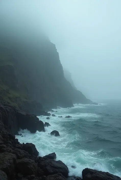 Rocky sea and there is fog 