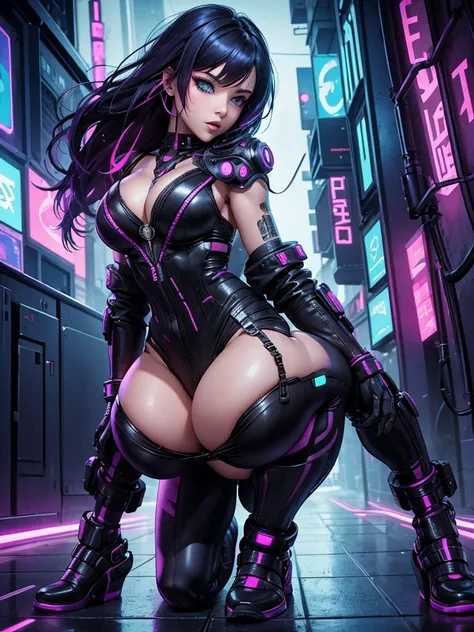 une fille, sexy, cyberpunk, à genoux, position doggy style, ultra sexy, provocante, magnifique