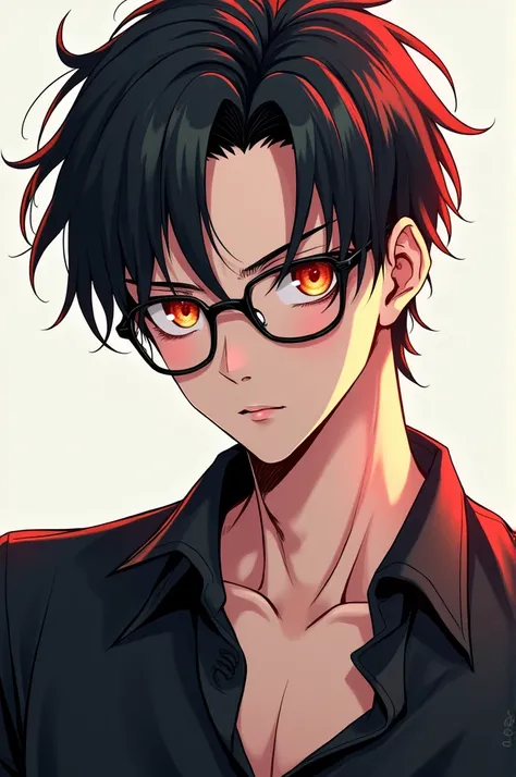 2d, manga, hand drawn, teen, handsome, perfect body.  black hair with some red highlights, about 1m80 tall. Handsome, knowledgeable face with glasses. Eyes one side brown and one side red