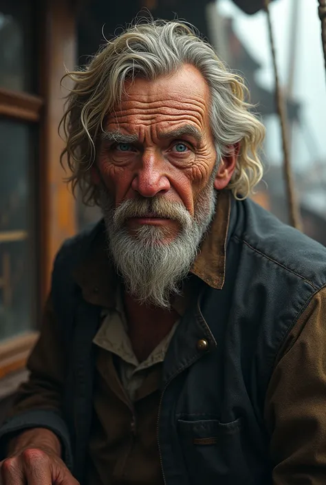 a single older man over 50 years old, foreign sailor, with small, blue eyes hidden inward, Blonde hair blackened by dirt, thick arms, skinny legs, the drooping and red nose, 