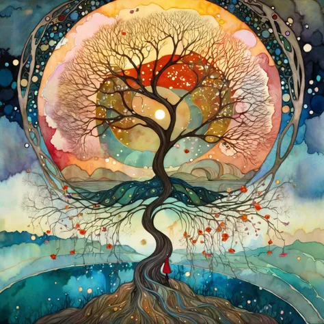 watercolor painting, In the style of Meghan Duncanson, Andy Kehoe and Tom Bagshaw, Klimt. yggdrasill tree, large roots like blown glass tubes sinking into the ground, stained glass branches rising to the sky, in the center divides the world above and the w...