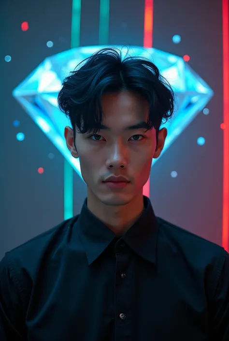 30 year old Asian guy who looks like DPR ian and has blue eyes and a thick neck and has hair over his ears and in the background is written the word facneo and has colored lines crossed between and is touching the diamond and there is an incredible diamond...