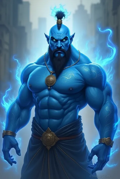 that geenie must be adult,blue in color with pale green eyes ,have moustache and little bit beard like bulgan