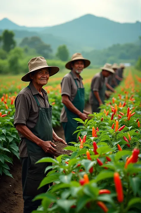 Indonesian chili farmers in the fields