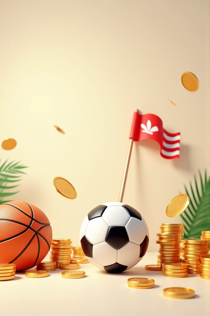 I want a photo with the following elements: soccer ball, basketball ball, corner flag and coins 