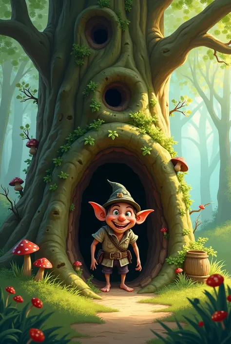 coloring image of a goblin entering a hollow tree, Your house.

