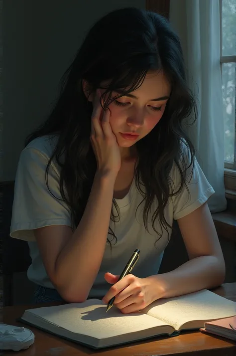 Lucia was a tired teenage girl, he puts his hand on his stomach, while he continues writing in his notebook.