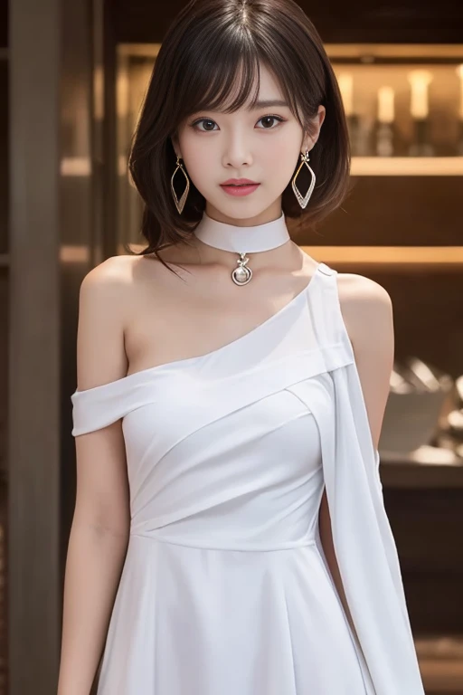 masterpiece、Highest quality、upper body、 (Upper Body:1.3)、 a large open chest area,((One-shoulder dress:1.5))、(Small breasts:1.3) White-haired beautiful girl、choker、Earrings、Bangles、Cute face、Viewer&#39;s Eyes、smile、Ultra-realistic、High resolution、photograp...