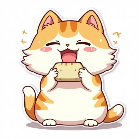 Sticker Style、Anime-style cat、２Head to Body、Happy expression、His eyes are smiling.、Sitting pose、Hold a triangular rice ball in both hands and stuff it into your mouth、A playful atmosphere、Simple white background、Bright colors、White and brown fur