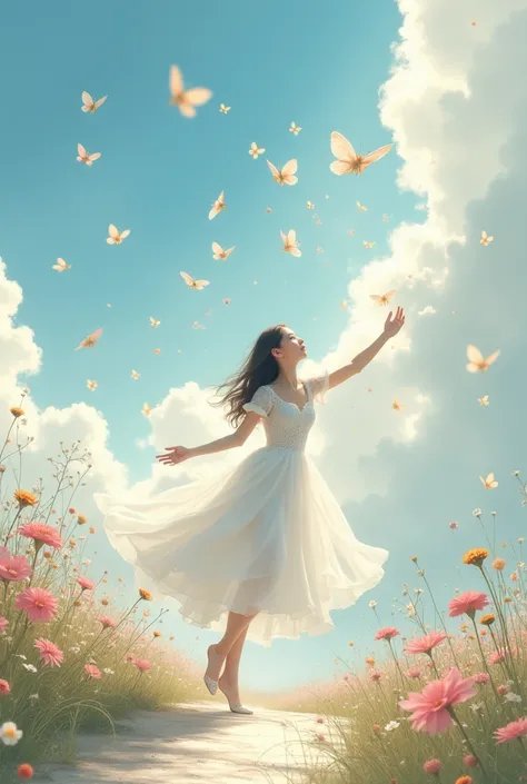 a beautiful White cloth filled with beautiful flowers this cloth flying in air It is on a road Chunni that road is all in the sky as if looking at it there are beautiful flowers on it there is a mold in the distance a girl in a white dress is trying to cat...