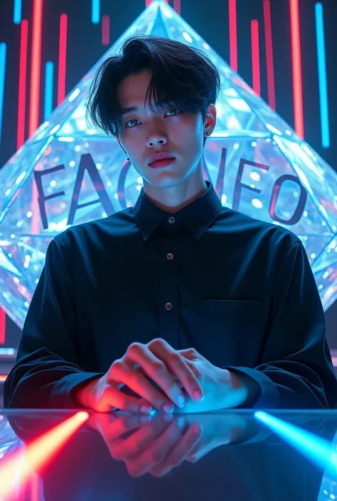 30 year old Asian guy who looks like DPR ian and has blue eyes and a thick neck and has hair over his ears and in the background is written the word facneo and that you have colored lines crossed between you and that he is touching the diamond and that the...