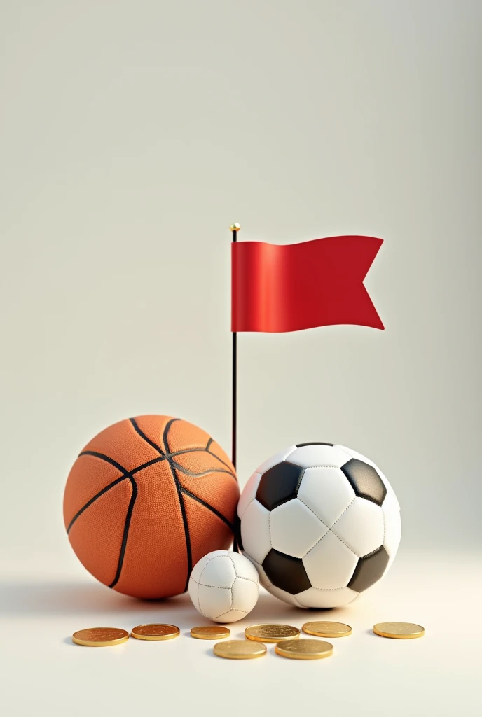 I want a photo with the following elements: soccer ball, basketball ball, corner flag and coins, no back ground
