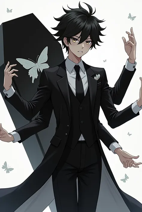 Izuku Midoriya that has a possesses five arms, two at each shoulder and one coming from its neck. He wears a black suit and coat with a single white sleeve for its middle arm. He carries a black coffin with a butterfly engraved on its lid behind its back w...