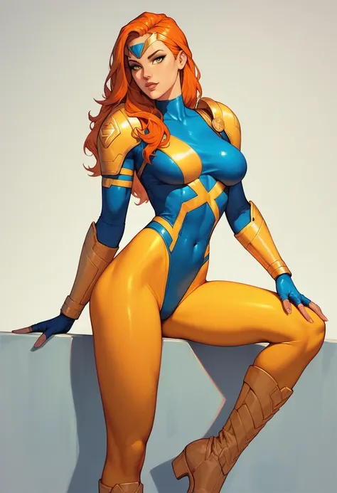 1girl, beautiful, slim, small blue headpiece, orange hair, blue spandex suit, yellow side parts, blue shoulder pads, blue fingerless gloves, yellow sides, blue belt, yellow leggings, yellow high boots, marvel