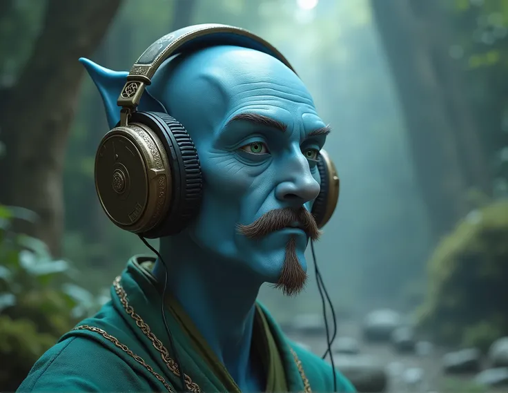 that geenie must be adult,blue in color with pale green eyes ,have moustache and little bit beard like bulgan.he must be listening to a music,in calm and peace ,with a over the head headphones