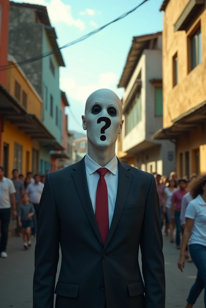 Create a candidate with a question mark instead of a face,wearing suit and tie, in a favela in Rio de Janeiro among the population, ultra realisitic, Vivid colors, HD