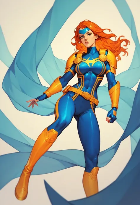 1girl, beautiful, slim, blue headpiece, orange hair, blue spandex suit, yellow side parts, blue shoulder pads, blue fingerless gloves, yellow sides, blue belt, yellow leggings, yellow high boots, marvel