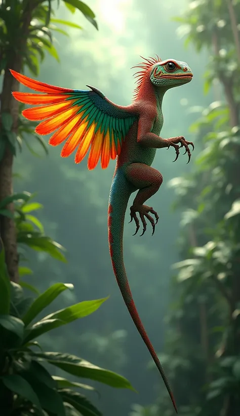 Visualize a fascinating genetic fusion between a lizard and a parrot. This creature should have the sleek, scaled body of a lizard, with vibrant, colorful feathers emerging along its spine and tail. Its head is a blend of both species, featuring the beak o...