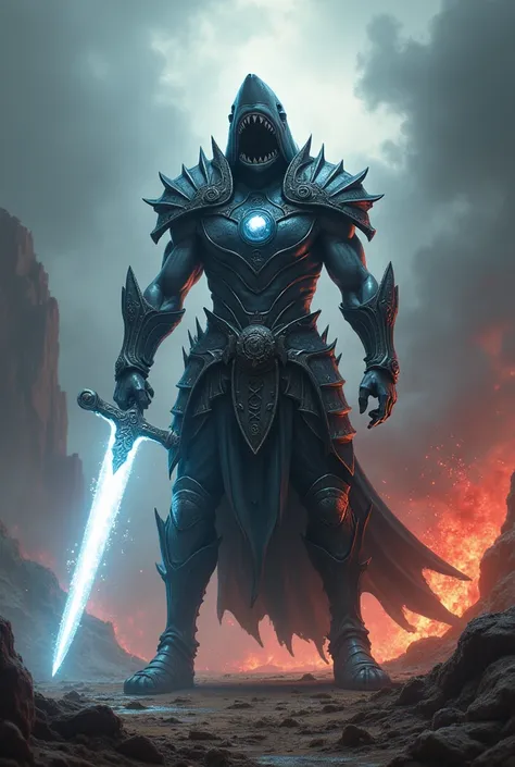 A person with a white fire sword in shark armor 